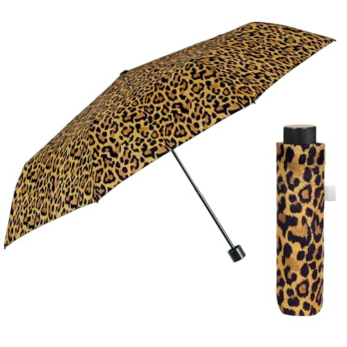PERLETTI Regenschirm Kompakt Handtasche für Damen - Taschenschirm Manuell für Frauen Mädchen - Damenschirm Regen Schirm Sturmfest Leicht Mini - Durchmesser 97 cm (Leopardengelb) von PERLETTI