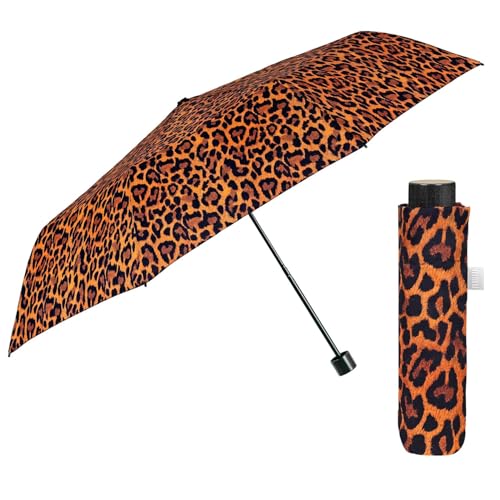 PERLETTI Regenschirm Kompakt Handtasche für Damen - Taschenschirm Manuell für Frauen Mädchen - Damenschirm Regen Schirm Sturmfest Leicht Mini - Durchmesser 97 cm (Leopardenorange) von PERLETTI