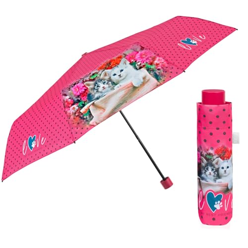 PERLETTI Regenschirm Kompakt Handtasche für Damen - Taschenschirm Manuell für Frauen Mädchen - Damenschirm Regen Schirm Sturmfest Leicht Mini - Durchmesser 97 cm (Rosa mit Katzen) von PERLETTI