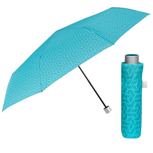 PERLETTI Regenschirm Kompakt Handtasche für Damen - Taschenschirm Manuell für Frauen Mädchen - Damenschirm Regen Schirm Sturmfest Leicht Mini - Durchmesser 97 cm (Türkis Geometrisch) von PERLETTI