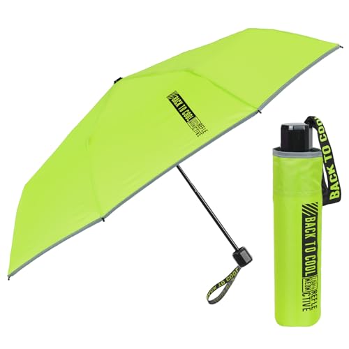 PERLETTI Regenschirm Taschenschirm Blau Reflektierend Kinder - Jungen Regen Schirm Kompakt Klein Windsicher - Kinderschirm 7+ Jahre Windfest Sicher Bunt - Durchmesser 91 cm (Neon Gelb) von PERLETTI