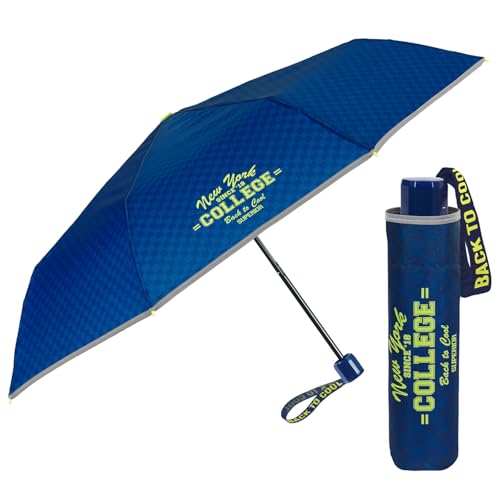 PERLETTI Regenschirm Taschenschirm Blau Reflektierend Kinder - Jungen Regen Schirm Kompakt Klein Windsicher - Kinderschirm 7+ Jahre Windfest Sicher Bunt - Durchmesser 91 cm (Schachbrettmuster in Blau) von PERLETTI