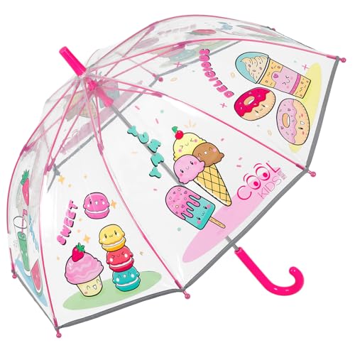 PERLETTI Regenschirm Transparent Rosa für Kinder - Kinderschirm Reflektierend Durchsichtig Kleine Mädchen 3 4 5 Jahre - Sicher Kinderregenschirm Kindergarten Kleinkind - Durchm 64 cm (Süßigkeiten) von PERLETTI