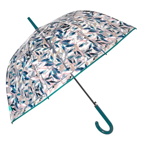 PERLETTI Regenschirm Transparent für Damen Frauen - Grüner Durchsichtiger Schirm Kuppel Förmigen Windfest - Glockenregenschirm Stockschirm Automatik Sturmfest Klar - Durchmesser 89 cm (Blätter) von PERLETTI