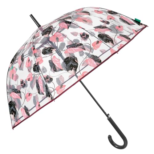 PERLETTI Regenschirm Transparent für Damen Frauen - Pink Durchsichtiger Schirm Kuppel Förmigen Windfest - Glockenregenschirm Stockschirm Automatik Sturmfest Klar - Durchmesser 89 cm (Rosa Blätter) von PERLETTI