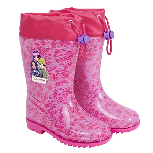 PERLETTI Regenstiefeletten Kleine Mädchen Rainbow High - Wasserdichte Stiefel mit Rutschfeste Sohle und Kordelzug - Bunte PVC Stiefeletten mit Puppenprint und Fuchsiafarbener Sohle (Violett, 24/25 EU) von PERLETTI