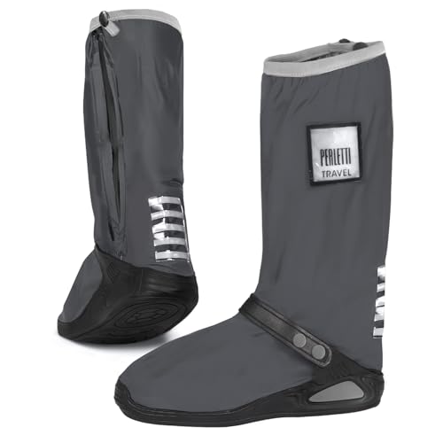 PERLETTI Schuhüberzieher Wasserdicht Neues Modell für Motorrad - Graue Überschuhe Galoschen rutschfest Herren Damen für Regen Schnee - Hohe Regenschutz für Schuhe mit Reflektor (Grau, L (43/45 EU)) von PERLETTI