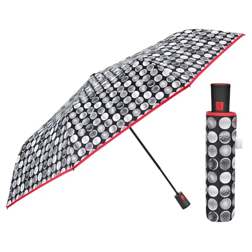 PERLETTI Schwarzer Regenschirm Automatik für Frauen - Taschenschirm Taschenregenschirm Kompakt Mini Leicht Winddicht - Regen Schirm Klein für Reisen - Durchmesser 96 cm (Tupfen mit Rotem Rand) von PERLETTI