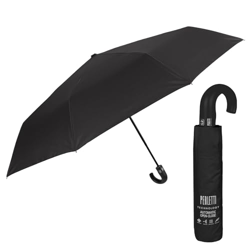 PERLETTI Schwarzer Taschenschirm Herren mit Auf Zu Automatik - XL Schirm Herrenschirm Sturmfest Winddicht - Regenschirm Klappbar Faltbar Kompakt - Durchmesser 118 cm (Schwarz mit Gebogenem Griff) von PERLETTI