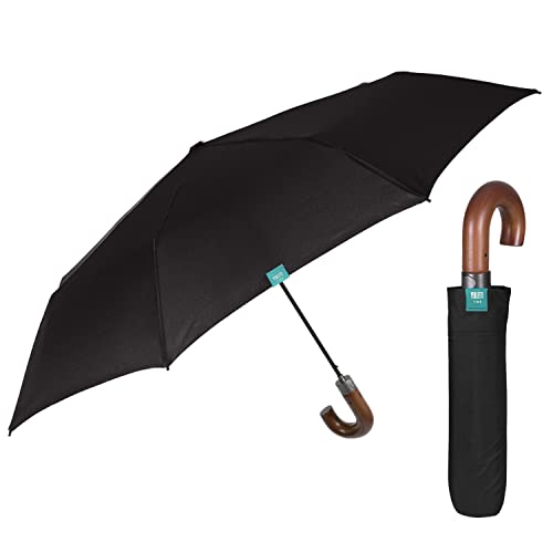 PERLETTI Schwarzer Taschenschirm Herren mit Holzgriff - Regenschirm Automatisch mit Gebogenem Griff - Herrenschirm Schirm Sturmfest Winddicht Leicht Kompakt - Durchmesser 96 cm (Gebogener Holzgriff) von PERLETTI