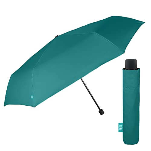 PERLETTI Slim Taschenschirm für Damen Frauen Herren - Kompakter Regenschirm Manuell Klein Leicht Einfarbig - Unisex Mini Regen Schirm Damenschirm Ultralight Klappbar - Durchmesser 91 cm (Blau Grün) von PERLETTI