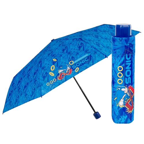 PERLETTI Sonic Regenschirm Blau Kinder 7 8 9 10 Jahre - Sonic Hedgehog Taschenschirm Klein Kompakt Sturmfest Leicht - Igel Kinderschirm Regen Schirm für Jungen Grundschule - Durchmesser 91 cm von PERLETTI