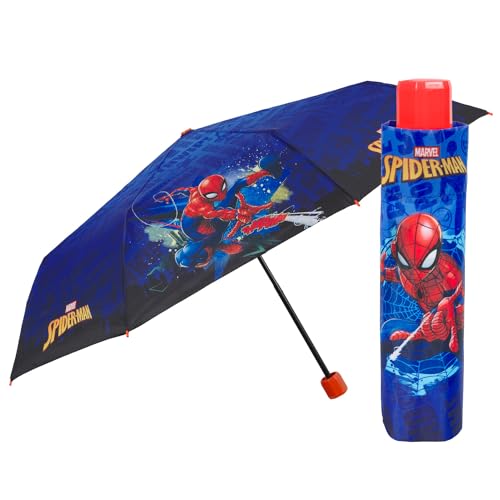 PERLETTI Spiderman Regenschirm Taschenschirm Jungen - Marvel Kinderregenschirm Spider Man - Klein Kinder Schirm Kompakt Windfest Manuell - Umbrella Grundschule 7+ Jahren - Durchmesser 91 cm (Blau) von PERLETTI