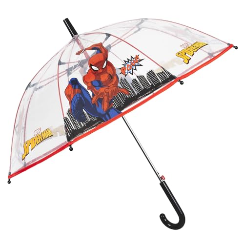 PERLETTI Spiderman Regenschirm Transparent Kinder - Marvel Stockschirm für Jungen 4 5 6 Jahre - Schirm Robust Windfest mit Spinne Schwarz - Kinderschirm mit Details Rot Blau - Durchm 74 cm (Schwarz) von PERLETTI