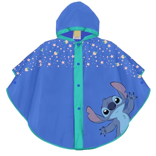 PERLETTI Stitch Kinder Regenponcho Wasserdicht Blau mit Sterren - Außerirdische Regen Cape Kleine Mädchen Jungen Kindergarten - Regenjacke 3 4 5 6 Jahre mit Kapuze und Knöpfe - Regenmantel Unisex von PERLETTI