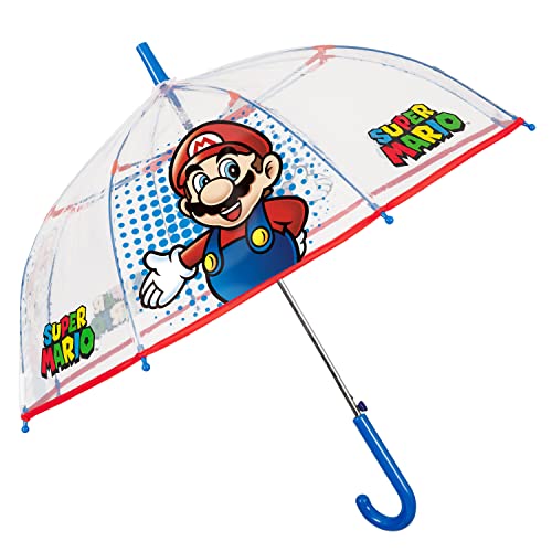 PERLETTI Super Mario Regenschirm Kinder Transparent Automatik - Durchsichtiger Kinderschirm Sturmfest mit Blauen Punkten Rotem Rand - Automatischer Regen Schirm Jungen Winddicht - Durchmesser 74 cm von PERLETTI