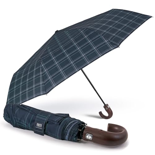PERLETTI Taschenschirm Herren mit Gebogenem Holzgriff und Auf Zu Automatik - Schottenkaro Schirm Herrenschirm Sturmfest - Tartan Regenschirm Klappbar Faltbar - Durchmesser 104 cm (Blau Grün) von PERLETTI