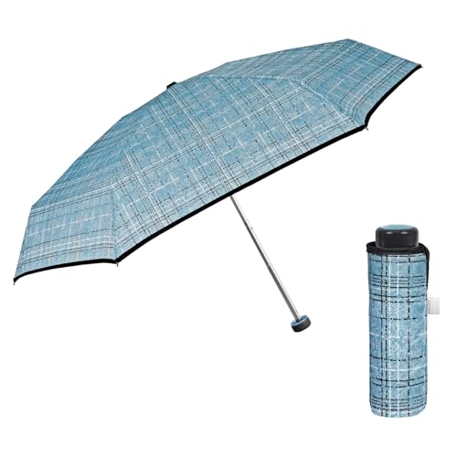 Taschenschirm Regenschirm Kompakt für Damen Frauen - Minischirm Super Klein Klappbar Mädchen mit Manueller Öffnung - Damenschirm Schirm mit Etui - Durchmesser 90 cm - Perletti (Tweed Blau) von PERLETTI