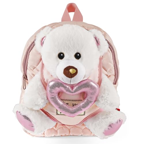 PERLETTI Teddybär Rucksack für Kinder mit Plüschtier Bär und Rosa Herz - Kuscheltier Pluschspielzeug Weich Flauschig und Kindergarten Schultasche - 3 4 5 6 Jahren Baby Kindertasche (Rucksack) von PERLETTI