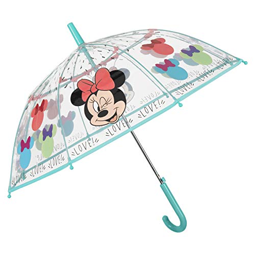PERLETTI Transparent Regenschirm Disney Minnie Mouse Mädchen - Kinder Stockschirm Minni Maus für Kleinkind 4/6 Jahren - Kinderregenschirm Schirm Automatik Windfest - Durchmesser 74 cm Kids (Türkis) von PERLETTI