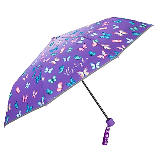 PERLETTI Violett Kinder Regenschirm für Mädchen - Kinderschirm Reflektierend mit Rosa Blau Schmetterlingen - Taschenschirm Kompakt Windsicher Sturmfest 7+ Jahre - Durchmesser 91 cm (Schmetterling) von PERLETTI