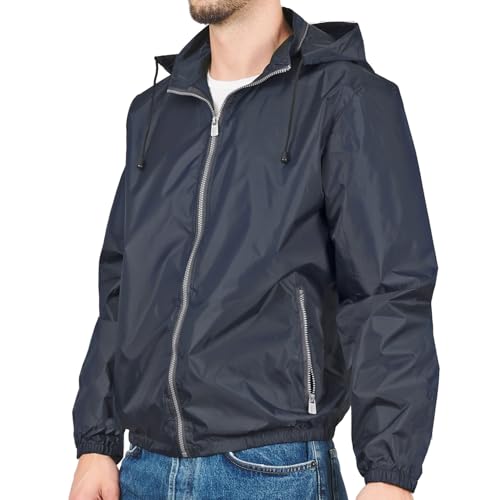 PERLETTI Windbreaker Jacke Herren Damen Wasserdicht - Unisex Windjacke Leicht Schwarz Blau Grün für Outdoor Sport - Windschutz Trainingsjacke mit Kapuze Reißverschluss Etui für Freizeit (M, Blau) von PERLETTI