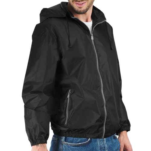 PERLETTI Windbreaker Jacke Herren Damen Wasserdicht - Unisex Windjacke Leicht Schwarz Blau Grün für Outdoor Sport - Windschutz Trainingsjacke mit Kapuze Reißverschluss Etui für Freizeit (M, Schwarz) von PERLETTI