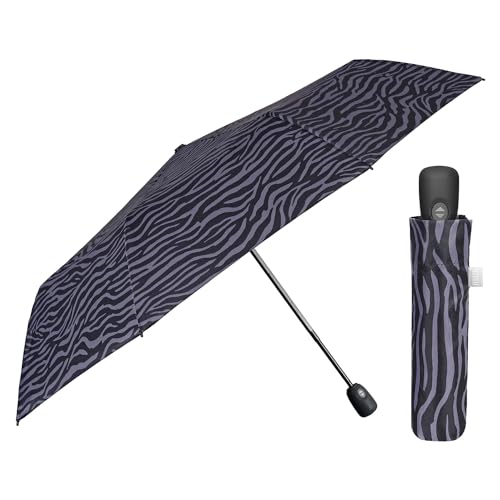 PERLETTI Zebra Regenschirm Damen mit Automatik Auf Zu - Frauen Taschenschirm Sturmfest Windischer Grau Schwarz - Reise Mini Regen Schirm Klein Taschenregenschirm - Durchm 98 cm (Zebra Muster) von PERLETTI