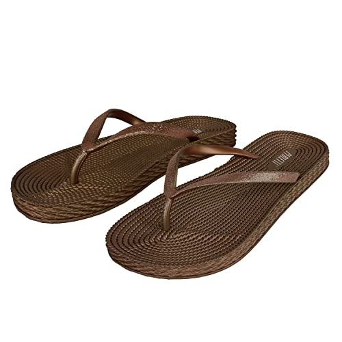 PERLETTI Zehentrenner Damen mit Metallic Farbe - Schwarze Flip Flops Pantoletten Sommer für Mädchen - Farbige Badelatschen Modisch Flache - Strand Haus Schuhe Schlappen für Frauen (Bronze, 39 EU) von PERLETTI