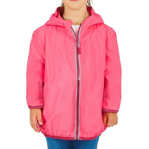 Regenjacke Kinder 6 7 8 9 10 11 Jahre - Faltbare Winddichte Regenponcho Mädchen Jungen mit Kapuze Reißverschluss - Pink Windbreaker Trainingsjacke - Outdoor Rain Jacket Anorak (Pink, 10/11 Jahre) von PERLETTI