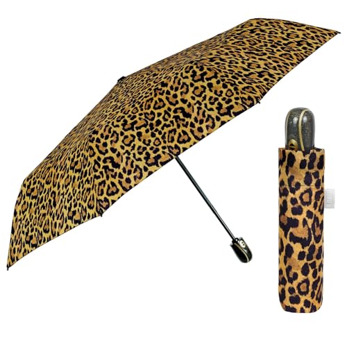 Regenschirm Damen Automatik Auf Zu mit 2 Farben - Frauen Taschenschirm Sturmfest Windischer - Reise Mini Regen Schirm Klein Taschenregenschirm - Durchmesser 98 cm - Perletti (Leopardengelb) von PERLETTI