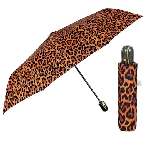 Regenschirm Damen Automatik Auf Zu mit 2 Farben - Frauen Taschenschirm Sturmfest Windischer - Reise Mini Regen Schirm Klein Taschenregenschirm - Durchmesser 98 cm - Perletti (Leopardenorange) von PERLETTI