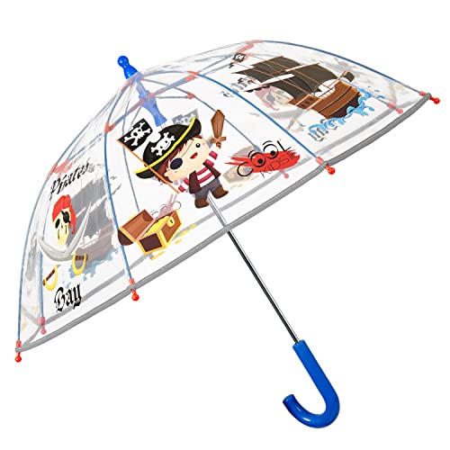 PERLETTI Pirat Regenschirm Transparent für Kinder - Blauer Kinderschirm Reflektierend für Kleine Jungen 3 4 5 Jahre - Kinderregenschirm Durchsichtig mit Piratenschiff - Durchmesser 64 cm (Pirat) von PERLETTI