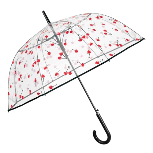 Regenschirm Transparent Damen Frauen - Durchsichtiger Kuppel Schirm mit Herzen Kirschen - Glockenregenschirm Automatik Sturmfest - Stockschirm Klar Größ - Durchmesser 89 cm (Herzförmige Kirschen) von PERLETTI