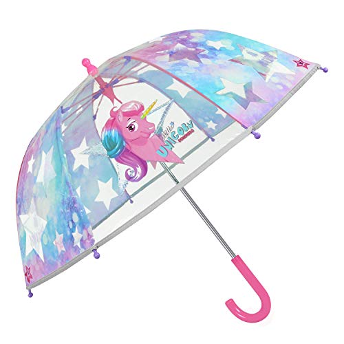 Regenschirm Transparent Einhorn Kleine Mädchen - Pink Rosa Kinderregenschirm Unicorn Sterne Reflektierend - Kinder Regen Schirm Durchsichtig Kindergarten 3/6 Jahre - Durchmesser 64 cm (Reflektierend) von PERLETTI