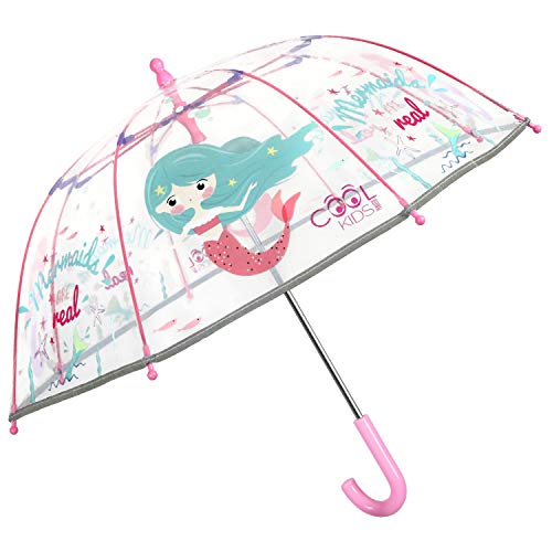 PERLETTI Regenschirm Transparent Meerjungfrau Kinder - Kinderschirm Reflektierend Durchsichtig Mermaid Rosa Türkis - Sicher Kinderregenschirm für Kleine Mädchen Kindergarten 3/5 Jahre - Durchm 64 cm von PERLETTI