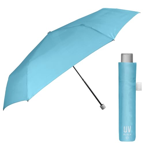 Regenschirm UV Block Schutz für Damen Mädchen - Super Kompakt Taschenschirm Silber - Minischirm Reise Schirm Windproof Leicht Bunt Stabil - Durchmesser 91 cm - Perletti Trend (Pastellblau) von PERLETTI