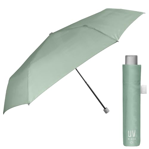 Regenschirm UV Block Schutz für Damen Mädchen - Super Kompakt Taschenschirm Silber - Minischirm Reise Schirm Windproof Leicht Bunt Stabil - Durchmesser 91 cm - Perletti Trend (Pastellgrün) von PERLETTI