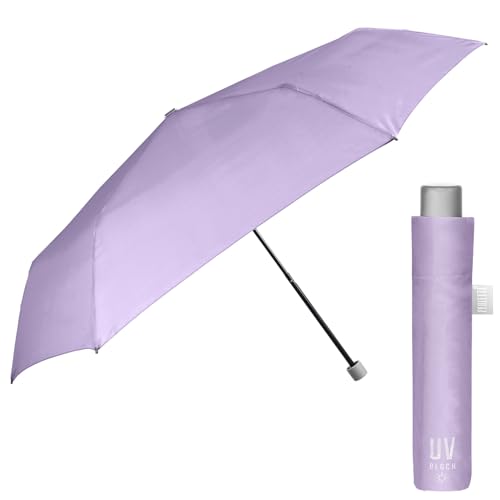 Regenschirm UV Block Schutz für Damen Mädchen - Super Kompakt Taschenschirm Silber - Minischirm Reise Schirm Windproof Leicht Bunt Stabil - Durchmesser 91 cm - Perletti Trend (Pastellviolett) von PERLETTI