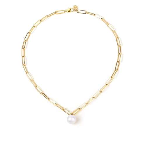 PERLVOYA Große Perlen-Büroklammer-Kette für Frauen, 12–13 mm AAAA-Süßwasserperle, 18 Karat Gold PVD-beschichteter Edelstahl, verstellbare Kette PERLVOYA Große Perlen-Büroklammer-Kette für Frauen, 12–13 mm AAAA-Süßwasserperle, 18 Karat Gold PVD-beschichteter Edelstahl, verstellbare Kette von PERLVOYA