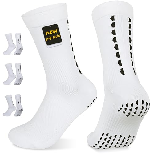 PERMANENTLY001 Rutschfeste Fussballsocken Herren Fußball Grip Socken Männer dünn atmungsaktiv Damen Kompression Radsocken Yoga Pilates Sporttraining Socke Handball Rugby Laufen 36-43 Weiß M 3P von PERMANENTLY001