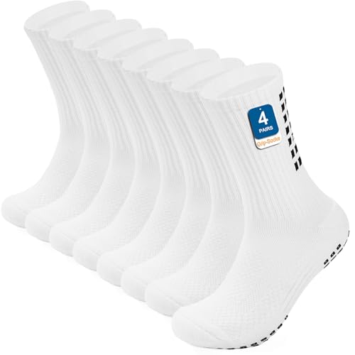 PERMANENTLY001 Grip Socken Fussball Männer Rutschfeste Fußball Socken Herren Anti Rutsch Soccer Sportsocken Damen Gripy Yoga Socke Pilates Basketball Rugby Handball 36-42 Weiß M 4P von PERMANENTLY001