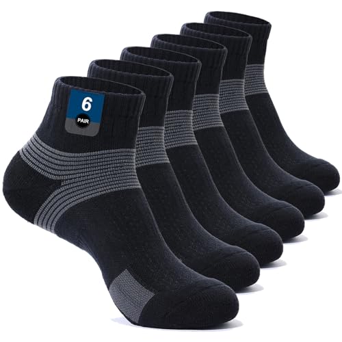 PERMANENTLY001 gepolsterte Knöchelsocken, Tennissocken Herren Damen SSneaker Viertel Kurz Sport Socken Badminton Padel Laufen Pickleball Volleyball 43-47 Schwarz L 6P von PERMANENTLY001