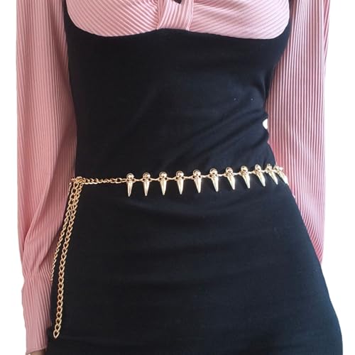 PERNAFA Metallkettengürtel für Damen, Wolfszähne, Quaste, Taillenkette, Gürtel für Kleid, Freizeithose, Gold, Einstellbar von PERNAFA