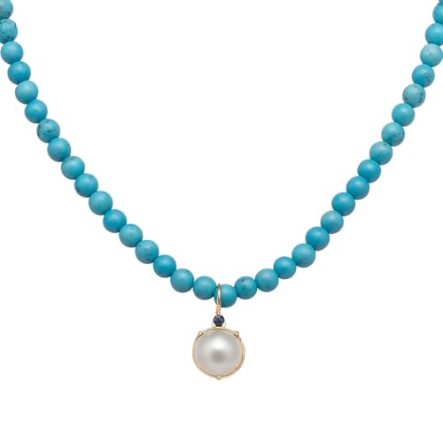 Halskette mit australischer Zuchtperle, 8 mm, Türkis, 5-6 mm, blauer Topas, 18 K Gelbgold, 40 cm von PERORNO