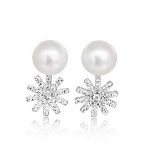 Ohrringe mit echten japanischen Zuchtperlen, Größe 8–8,5 mm, mit Zirkon-Design und 925er Silber, 8-8.5 mm, Sterlingsilber, Perle von PERORNO