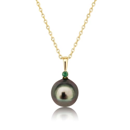 PERORNO Anhänger mit echter runder Tahiti-Perle 9-10 mm und Smaragd-Edelstein – Eingefasst in 9K Gelbgold, 50 cm Halskette von PERORNO