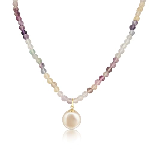 PERORNO Fluorit-Halskette, 3 mm, mit Zuchtperle, 12 mm, runde, geschliffene Edelsteine, Verschluss aus 18-karätigem Gelbgold von PERORNO