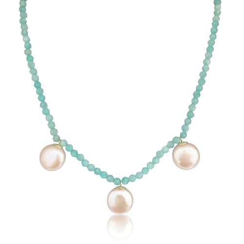 PERORNO Halskette mit 12 mm Zuchtperlen mit Amazonit, Edelsteinen, 18 K Gelbgold, 45 cm, für Damen von PERORNO