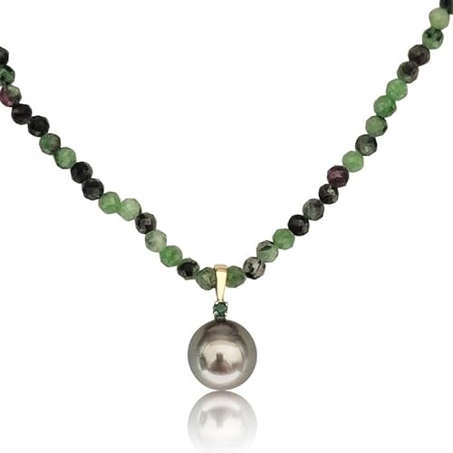 PERORNO Halskette mit Tahiti- und Smaragdperle, 3 mm runde Epidot-Edelsteine, geschnitzt, 18 K Gelbgold, handgefertigt von PERORNO